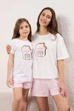 Pembe K?z Cocuk %100 Pamuk Cizgili K?sa Kol Mini Me/Anne-K?z Orme Pijama Tak?m? TKDSS25PT00022
