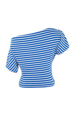 Lacivert Cizgili Regular Kal?p Asimetrik Yaka Buzgulu Crop Fitilli Esnek Orme Bluz TWOSS26BZ00376 - Trendyolmilla фото 2