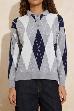 Gri Baklava Desenli Genis Kal?p Triko Kazak TWOAW26KZ00299