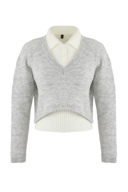 Teen Gri 2li Yumusak Dokulu Ici Fitilli - D?s? Genis Kal?p Crop Triko Kazak TWOAW26HI00139