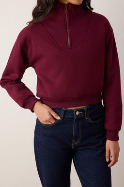 Bordo Kal?n Ici Polarl? Dik Yaka Yar?m Pat Fermuar? Crop Orme Sweatshirt TWOAW26SW00233