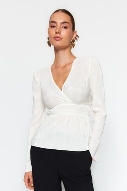 Ekru Pilise Detayl? Kruvaze Kapamal? F?rf?rl? V Yaka Orme Bluz TWOAW24BZ00278 - Trendyolmilla фото 4