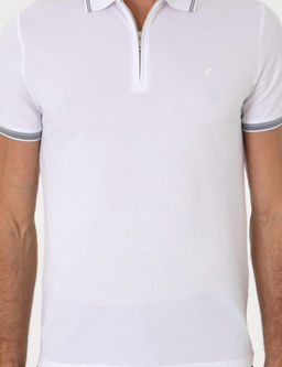 Beyaz Slim Fit %100 Pamuk Fermuarl_ Polo Yaka T-shirt