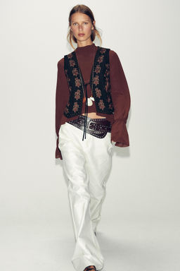 FAUX SUEDE WAISTCOAT WITH BEADED EMBROIDERY