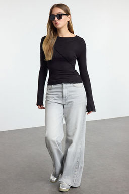 Antrasit Nervur Detayl? Fitted/Vucuda Oturan Ispanyol Kol Orme Bluz TWOAW25BZ00244 - Trendyolmilla фото 2