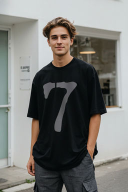 TRENDYOL MAN Gri Oversize/Genis Kesim Bisiklet Yaka Yaz? Bask?l? %100 Pamuklu T-Shirt TMNSS21TS1685