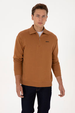 Erkek Regular Fit Yar_m Fermuarl_ Camel Basic Sweatshirt