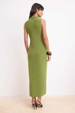 Yesil Duz Bodycon Gomlek Yaka Kolsuz Maxi Esnek Orme Elbise TWOSS26EL00265