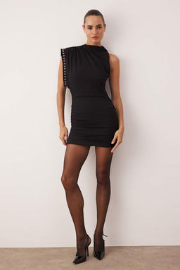 Siyah Orme Krep Trok Detayl? Mini Astars?z Elbise TPRAW26EL00138