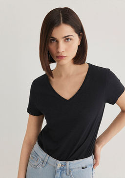 V Yaka Flaml? Siyah Basic Tisort - Mavi фото 2