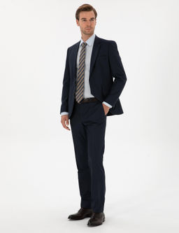 Lacivert Slim Fit Mikro Desenli Mono Yaka Tak_m Elbise - Cacharel фото 4