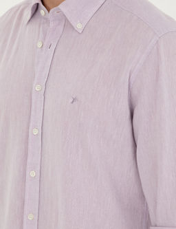 Рубашка приталенного кроя из смесового льна сиреневого цвета с длинным рукавом - Cacharel фото 14
