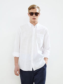 Regular Fit Uzun Kollu Keten Kar???ml? Erkek G?mlek