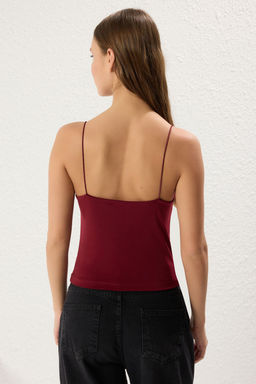 Bordo Fitted/Vucuda Oturan Degaje Yaka Esnek Orme Bluz TWOSS21BZ0667