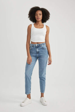 Джинсовые брюки длиной до щиколотки с высокой талией и высокой талией Lina Mom, потертые брюки - Defacto фото 4