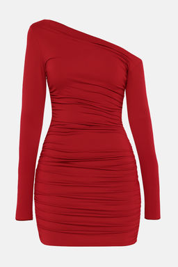 K?rm?z? Vucuda Oturan Asimetrik Yaka Orme K?sa Elbisesi TEDAW25EL00006