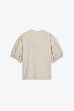 LINEN BLEND TIE BLOUSE