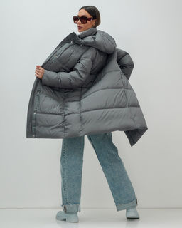 Пальто зимнее утепленное с капюшоном женское темно-серого цвета 7618TC - Visdeer фото 16