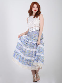 Юбка с мелким цветочным принтом летняя с кружевом - Almond фото 3