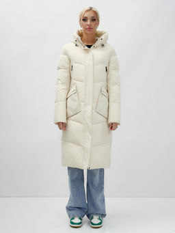 Пальто утепленное стеганное зимнее с капюшоном женское бежевого цвета 9639B - Mtforce фото 8