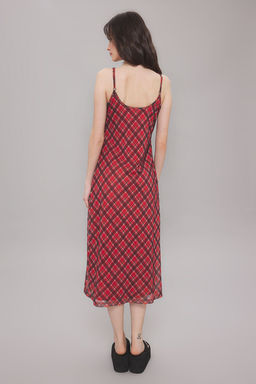 TRENDYOLMILLA K?rm?z? Baglama Detayl? Ekoseli Tul Maxi Esnek Orme Elbise TWOSS25EL00468 фото 4