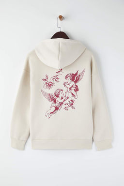 Teen Tas Kapusonlu S?rt Melek Bask?l? Kal?n Ici Polarl? Oversize Orme Sweatshirt TWOAW26SW00198