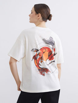 Bisiklet Yaka Bal?k Bask?l? Oversize Kad?n Ti??rt