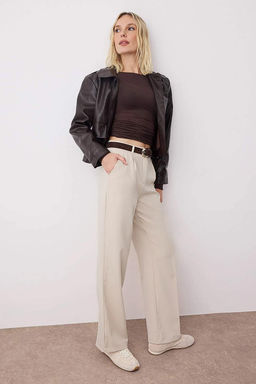 Tas Yuksek Bel Wide Leg Genis Paca Pilili Dokuma Kumas Pantolon TWOAW21PL0076