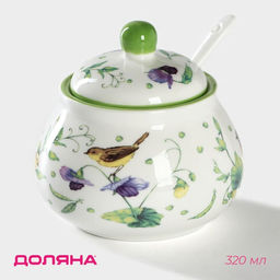 Сахарница с ложкой Доляна «Зелёный сад», 320 мл, 10×9 см, фарфор