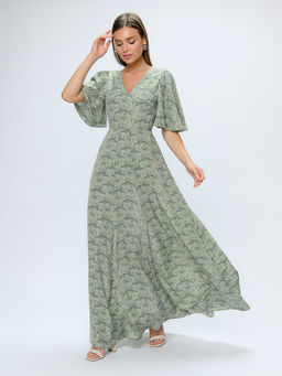 Платье оливкового цвета с принтом длины макси с глубоким вырезом - 1001dress фото 2