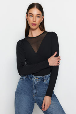 Siyah Bisiklet Yaka Tul Dekolteli Alttan C?tc?tl? Esnek Orme Body TWOAW24BD00012