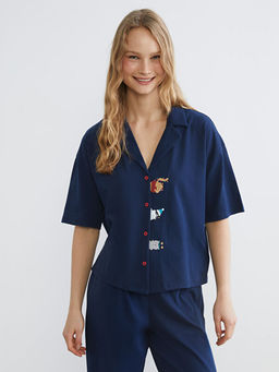 G?mlek Yaka Bask?l? Kad?n Pijama Tak?m?