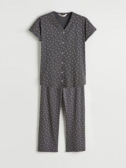 V Yaka Fiyonk Bask?l? Hamile Pijama Tak?m?