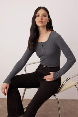 Antrasit C?tc?tl? Fitted/Vucuda Oturan Fitilli Esnek Orme Bluz TWOAW25BZ00080