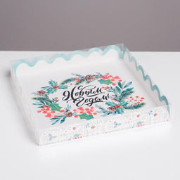 Цена за 5 шт. Коробка для кондитерских изделий с пластиковой крышкой «С Новым годом», 21×21×3 см