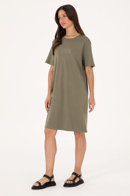 Kad_n Koyu Haki Bisiklet Yaka Mini Boy _rme Elbise Sepette S_rpriz _ndirim