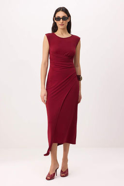 Bordo Duz A-line Bisiklet Yaka Kolsuz Buzgulu Midi Esnek Astarl? Orme Elbise TWOSS26EL00011