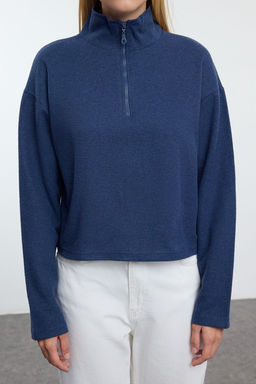Indigo Selanik/Triko Gorunumlu Fermuarl? Yaka Regular/Normal Kal?p Orme Sweatshirt TWOAW22SW0732