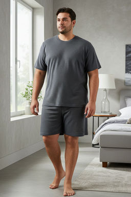 TRENDYOL MAN Antrasit Regular Fit Waffle Orme Sortlu Buyuk Beden Pijama Tak?m? TMNSS25AI00005
