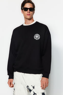 Siyah Oversize/Genis Kesim Cicek Nak?sl? Ici Polar/S?cak Tutan Sweatshirt TMNAW24SW00012