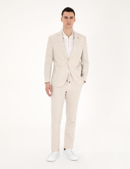 Bej Slim Fit Keten Kar___ml_ _izgili Tak_m Elbise