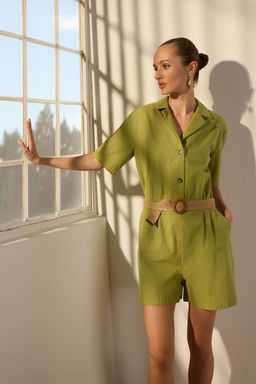 TRENDYOLMILLA Lacivert Kemerli Keten Kar?s?ml? Genis Paca Dokuma Tulum TWOSS25TU00047