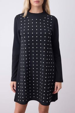 Siyah Tas Detayl? Uzun Kollu Mini Esnek Orme Elbise TWOAW26EL00208 - Trendyolmilla фото 3