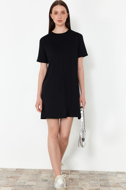 TRENDYOLMILLA Ekru Bisiklet Yaka K?sa Nervurlu Esnek Orme Mini T-shirt Elbise TWOSS24EL01013  фото 3