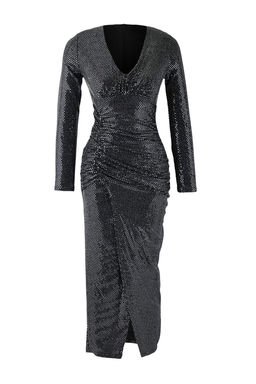 Gri Vucuda Oturan Payet Midi Astars?z Party Elbise TPRAW26EL00123