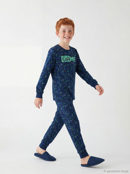 Bask?l? Bisiklet Yaka Erkek ?ocuk Pijama Tak?m?