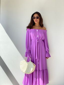 Длинное платье с открытыми плечами сиреневое - Martichelli фото 11