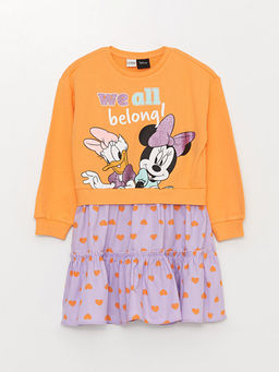 Bisiklet Yaka Minnie Mouse ve Daisy Duck Bask?l? Uzun Kollu K?z ?ocuk Elbise