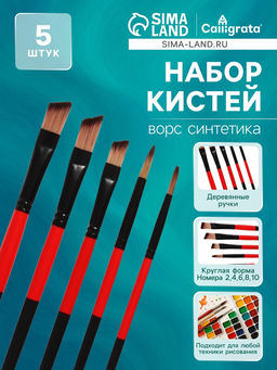 Набор кистей для рисования, нейлон, 5 штук, круглые, плоские, международный размер