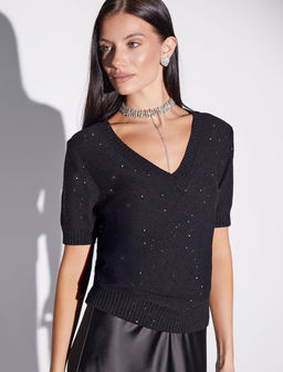 Джемпер с V вырезом и коротким рукавом из хлопковой пряжи с пайетками